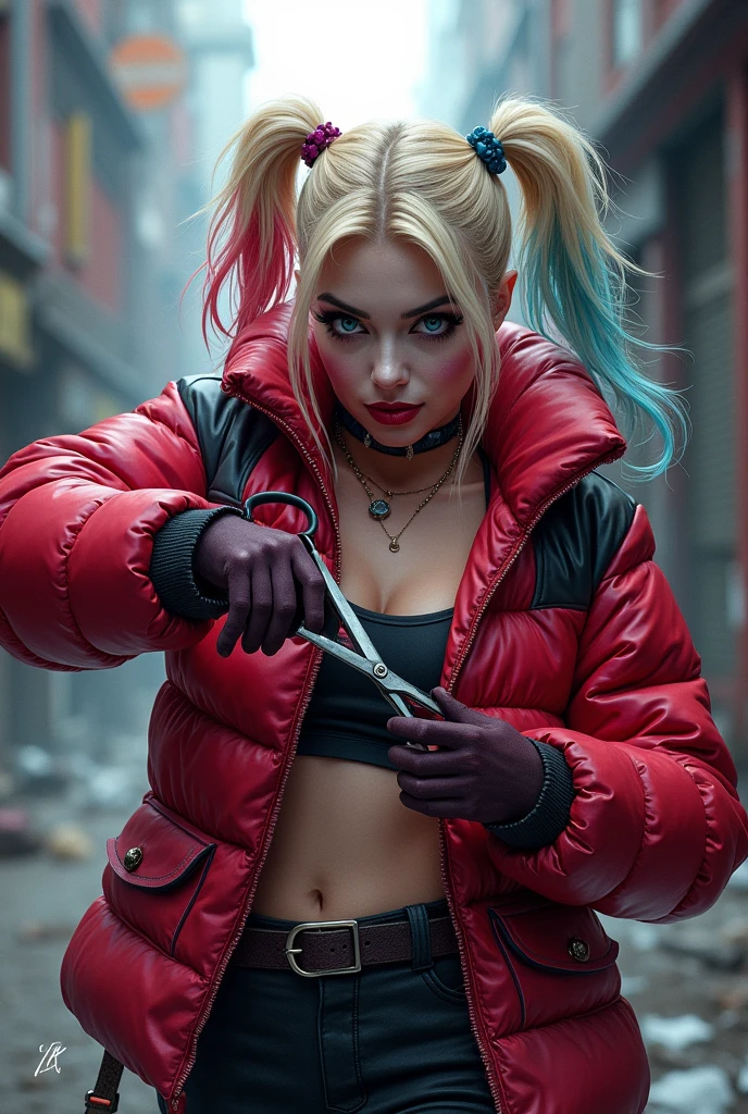 Harley Quinn sexy tearing a puffer jacket