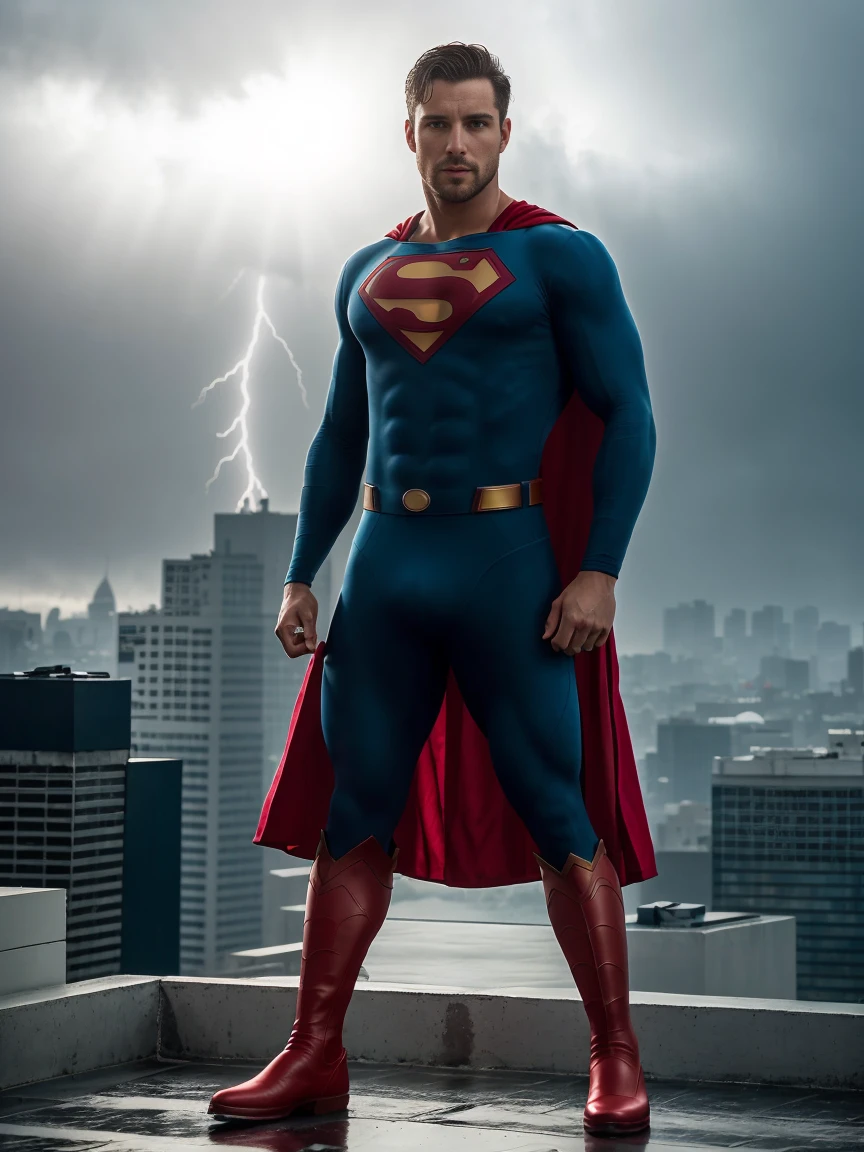 1man, A full body shot of a charismatic male fitness model, 30 years old，small beard, Sexy and charming expression，gloomy eyes，Blue eyes, captured in hero pose on city rooftop edge, Dark clouds lightning background, wetclothes, dressed in tight blue Superman suit, a red cape falls behind his shoulders, and he wears red boots, soft natural lighting, cinematic and moody, (best quality,4k,8k,highres,masterpiece:1.2),ultra-detailed,(realistic,photorealistic,photo-realistic:1.37),HDR,studio lighting,professional,vivid colors,dramatic lighting