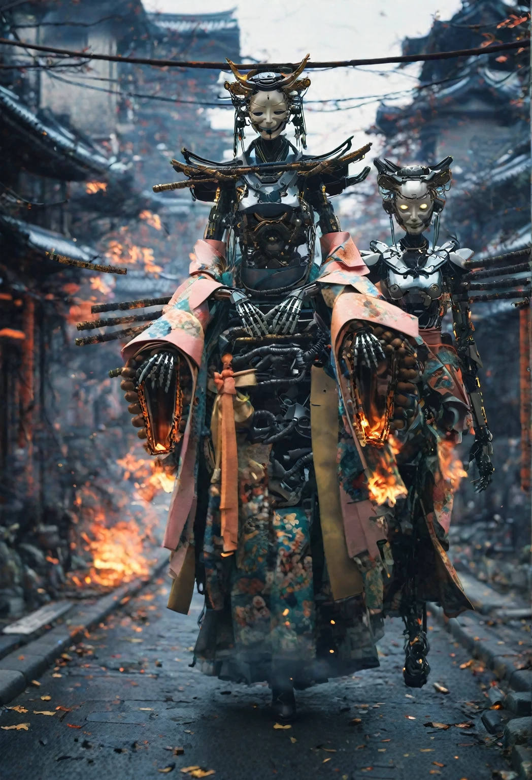 The surroundings are burning、fire、night、There are a lot of mechanical arms、Six arms、Creating an image of a female android in a beautiful kimono walking through the streets of Kyoto. The style is terrible, and the fusion of humans and Robots has a mysterious and creepy atmosphere amidst the beauty. In the background is an old Japanese cityscape. It has a long neck made of machines and wears a mask. Imagine a strange and eerie picture - Ar 9:16.
creepy atmosphere, fusion, Horror, Japanese cityscape, long neck, Robots, at 6