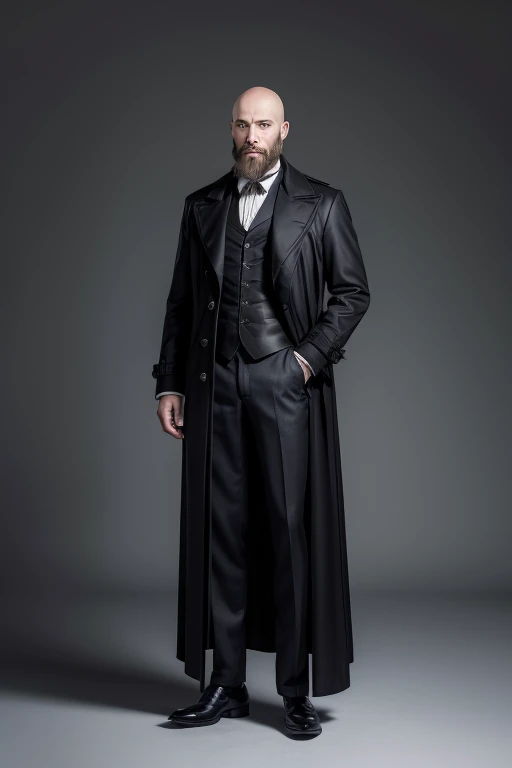 A bald man with a beard; he has a serene and noble expression; he's wearing a victorian gothic overcoat; the picture shows him full body