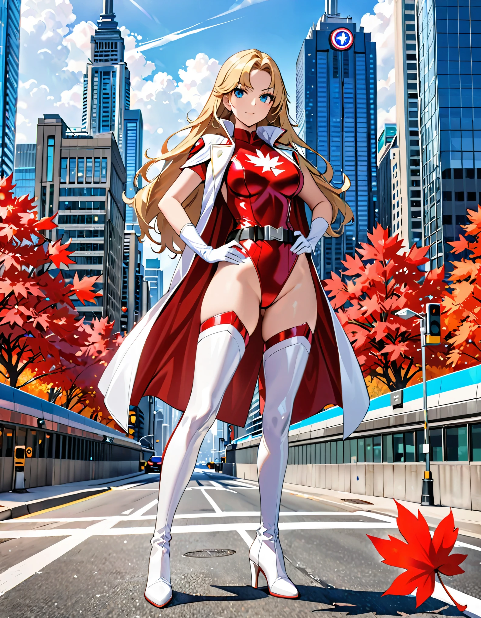 (masterpiece), (best quality), (high res), solo, solo focus, 1girl, belt, blonde hair, blue eyes, breasts, building, city, gloves, hand on hip, medium breasts, leotard, white and red leotard, bare legs, (white maple leaf (symbol) on chest), long hair, looking at viewer, outdoors, skyscraper, thighhighs, thigh-high boots, white gloves, white boots. toronto backdrop, cowboy shot, full body costume design. superhero