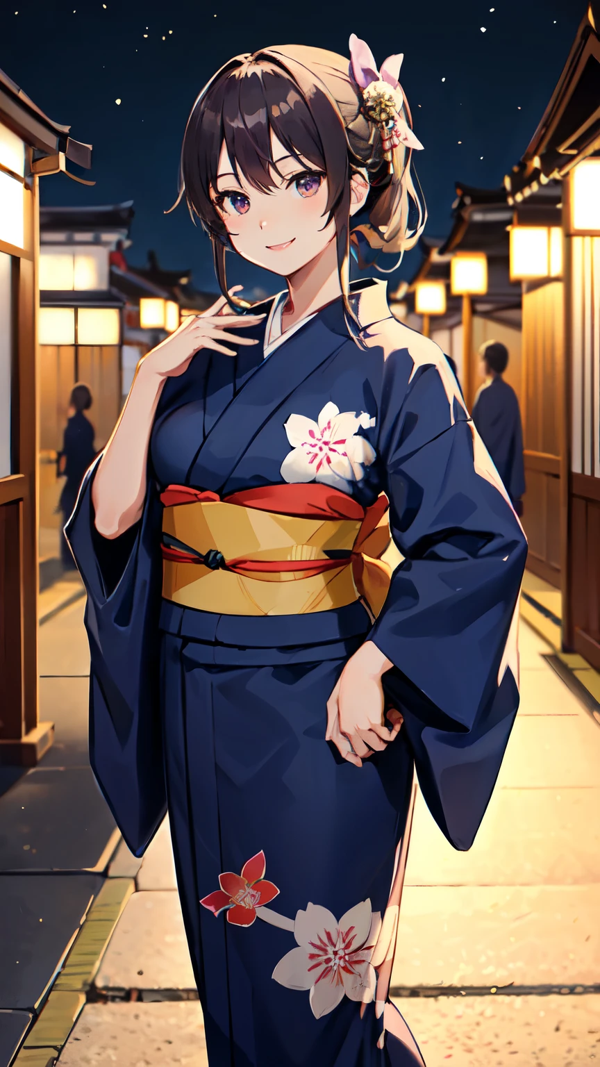 masterpiece, high quality, aaerina, sleek ponytail, ((Japanese yukata)), yukata collar, obi sash, ornate patterns, traditional fastenings, radiant smile, poised stance, hand on hip, outdoor, night view, river, ((smile)), (((highly exposed)))
