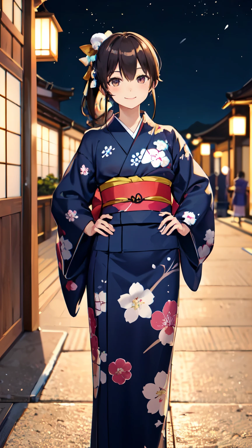 masterpiece, high quality, aaerina, sleek ponytail, ((Japanese yukata)), yukata collar, obi sash, ornate patterns, traditional fastenings, radiant smile, poised stance, hand on hip, outdoor, night view, river, ((smile)), (((highly exposed)))
