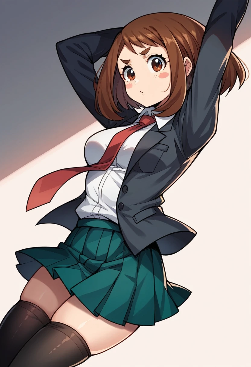 Kicked in the balls, 1girl, solo, Uraraka Ochako, thick_eyebrows blush_stickers, brown_hair, brown_eyes, short_hair, sideburns, shiny hair, medium breasts, skindentation +++ :D  +++ u.a._school_uniform, grey_jacket long_sleeves, white_shirt red_necktie, mos green pleated_skirt, black stocking  Sky Kingdom, score_9, score_8_up, source_anime