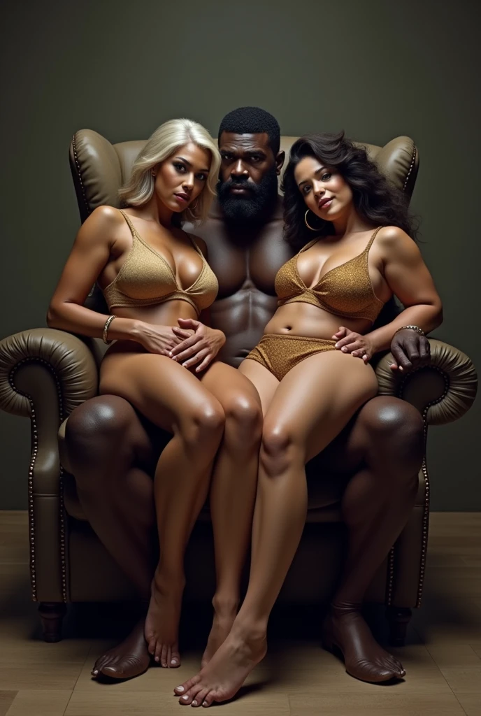 (Best Quality) four women with beautiful highly detailed faces are wearing white halter-tops and white yoga-pants (the women express desire) (the women kneel before a huge muscular black man and stare at him as he smirks) (One black man short-haired tall huge barbarian beefy muscular Man in center-of-composition hugging four beautiful women touching him and snuggling him) perfectly detailed face, anatomically perfect nose, anatomically perfect eyes, anatomically perfect hands.