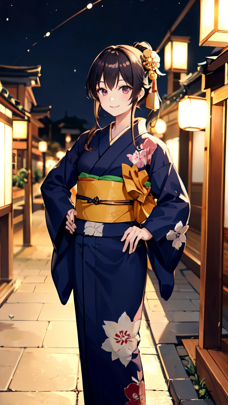 masterpiece, high quality, aaerina, sleek ponytail, ((Japanese yukata)), yukata collar, obi sash, ornate patterns, traditional fastenings, radiant smile, poised stance, hand on hip, outdoor, night view, river, ((smile)), (((highly exposed)))
