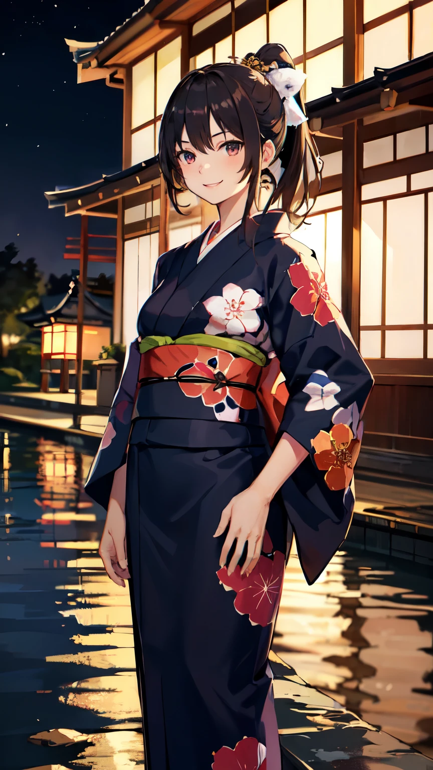 masterpiece, high quality, aaerina, sleek ponytail, ((Japanese yukata)), yukata collar, obi sash, ornate patterns, traditional fastenings, radiant smile, poised stance, hand on hip, outdoor, night view, river, ((smile)), (((highly exposed)))
