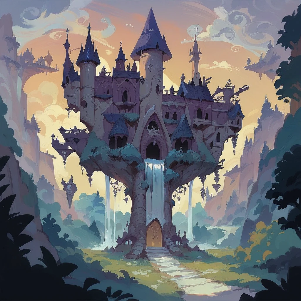 Floating castle in the night sky, castle on clouds, magical forest and waterfalls below, dark art, 