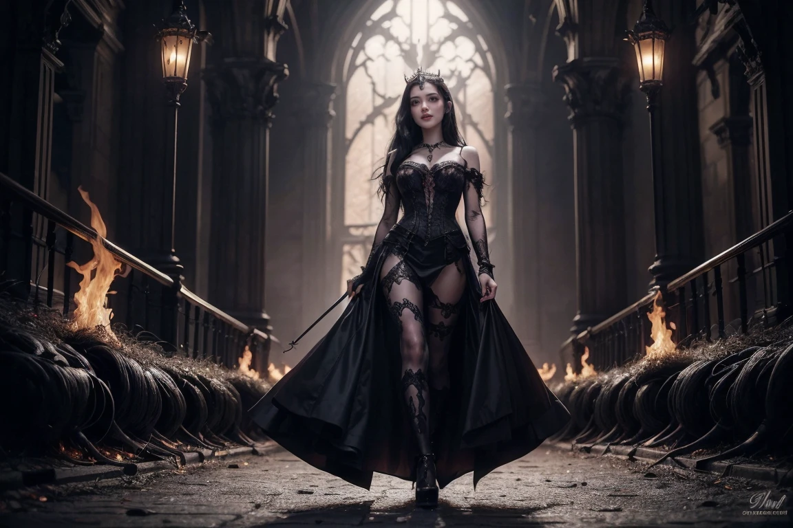 A (((detailed illustration))), drawn in a style inspired by the works of Mark Ryden and H.R. Giger, featuring a (((vampire))) with short, wave-like hair and a sleek, silver-gilded crucifix in hand, wearing a luxurious, Gothic corset dress and shiny, silver-toned stiletto boots. The setting is an ancient, ruined cathedral, bathed in the ethereal glow of a full moon, with its musty interiors cast in somber, dramatic relief —ar 3:4 —s1000 —v 6