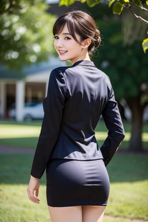 One mature woman, business suit, cotton tight skirt, thighs, sexy, beautiful skin-colored calves, smiling, updo, standing, shot from the calf up, detailed and beautiful eyes, detailed and beautiful mouth, bangs, back view, turns around, looking at the viewer, 8K high resolution,
