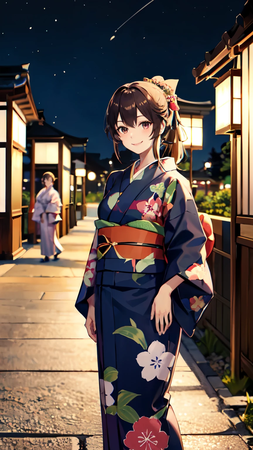 masterpiece, high quality, aaerina, sleek ponytail, ((Japanese yukata)), yukata collar, obi sash, ornate patterns, traditional fastenings, radiant smile, poised stance, hand on hip, outdoor, night view, river, ((smile)), (((highly exposed)))
