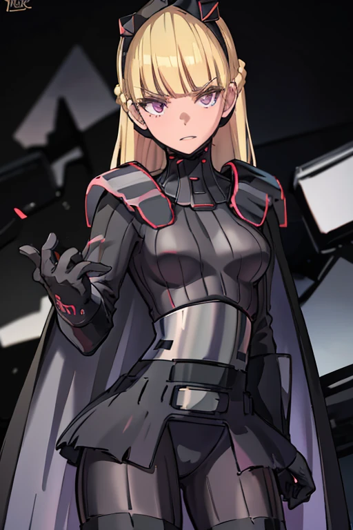 8k,highres,absurdres,masterpiece,best quality,original,extremely detailed CG,extremely detailed wallpaper,perfect lighting,1girl,solo,blurry_background,looking_at_viewer,
AmSW,long hair,blonde hair,black gloves,purple eyes,black hairband,cape, cape under shoulders, black bodysuit,medium breasts,braid,blunt bangs,