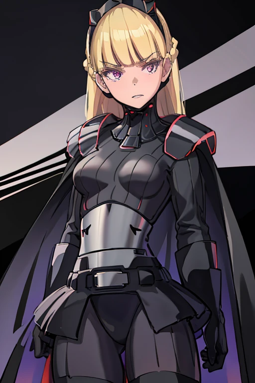 8k,highres,absurdres,masterpiece,best quality,original,extremely detailed CG,extremely detailed wallpaper,perfect lighting,1girl,solo,blurry_background,looking_at_viewer,
AmSW,long hair,blonde hair,black gloves,purple eyes,black hairband,cape, cape under shoulders, black bodysuit,medium breasts,braid,blunt bangs,