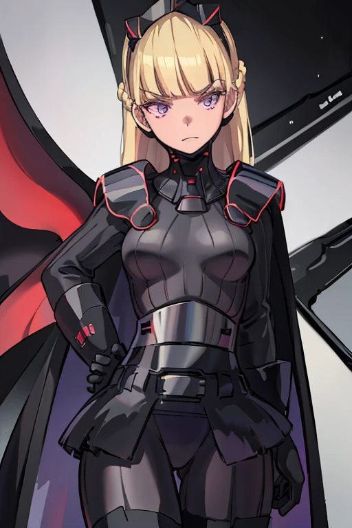 8k,highres,absurdres,masterpiece,best quality,original,extremely detailed CG,extremely detailed wallpaper,perfect lighting,1girl,solo,blurry_background,looking_at_viewer,
AmSW,long hair,blonde hair,black gloves,purple eyes,black hairband,cape, cape under shoulders, black bodysuit,medium breasts,braid,blunt bangs,