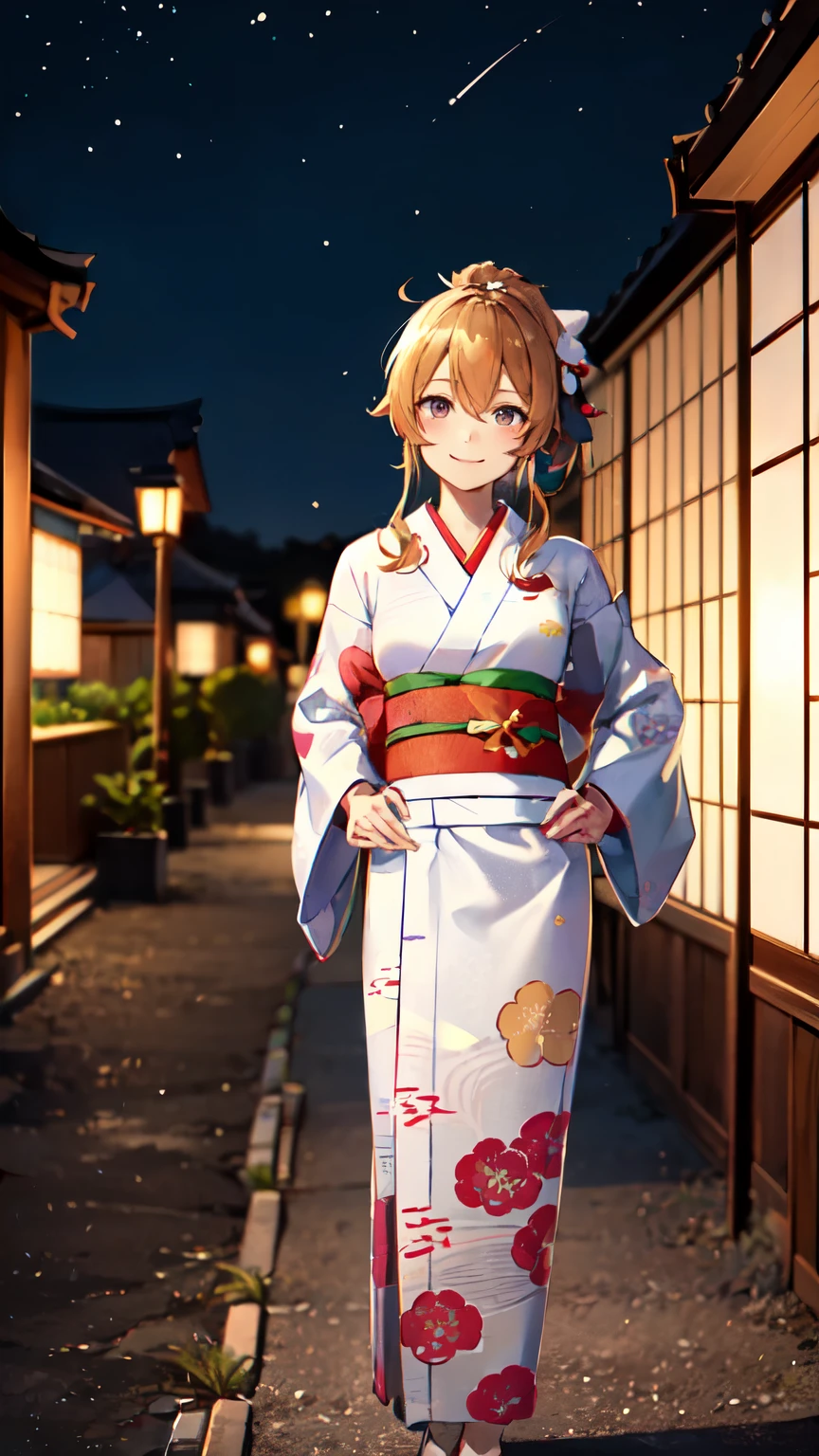 masterpiece, high quality, aaerina, sleek ponytail, ((Japanese yukata)), yukata collar, obi sash, ornate patterns, traditional fastenings, radiant smile, poised stance, hand on hip, outdoor, night view, river, ((smile)), (((highly exposed)))
