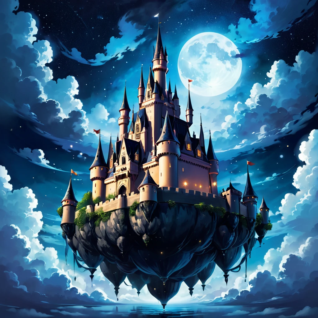 Floating castle in the night sky, castle on clouds, magical, dark art, 