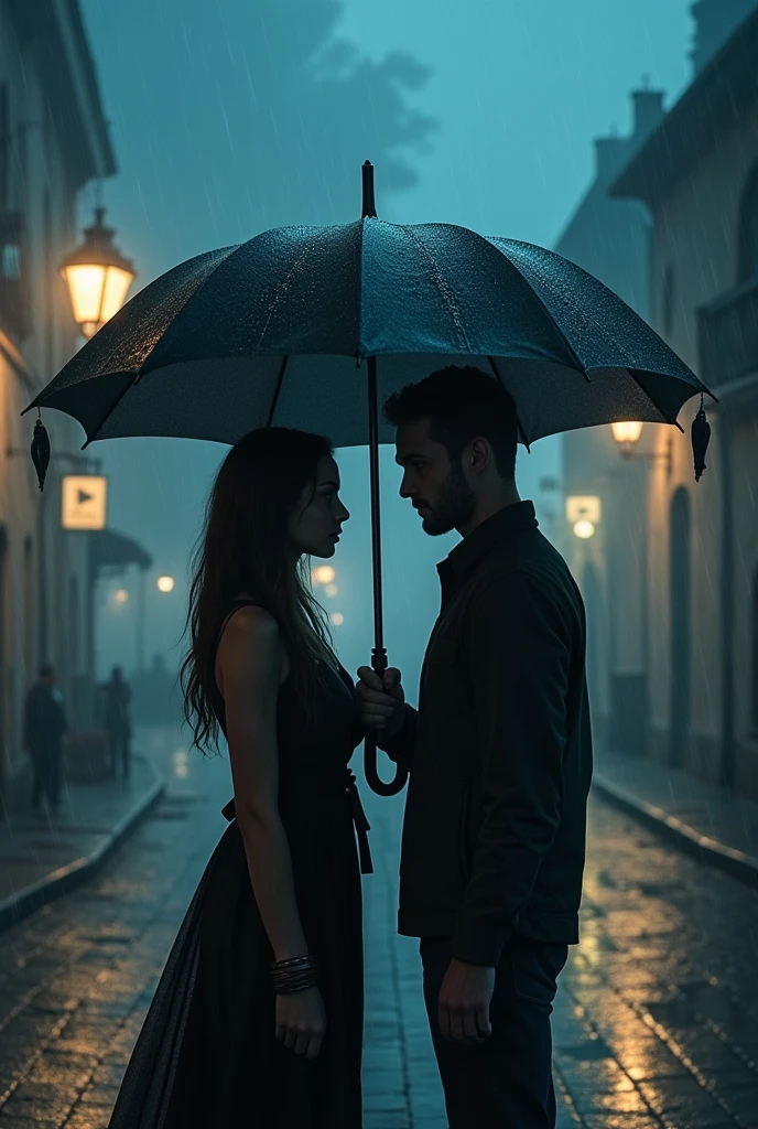 Young woman hugging sailor man while walking on ship in rain on dark night 