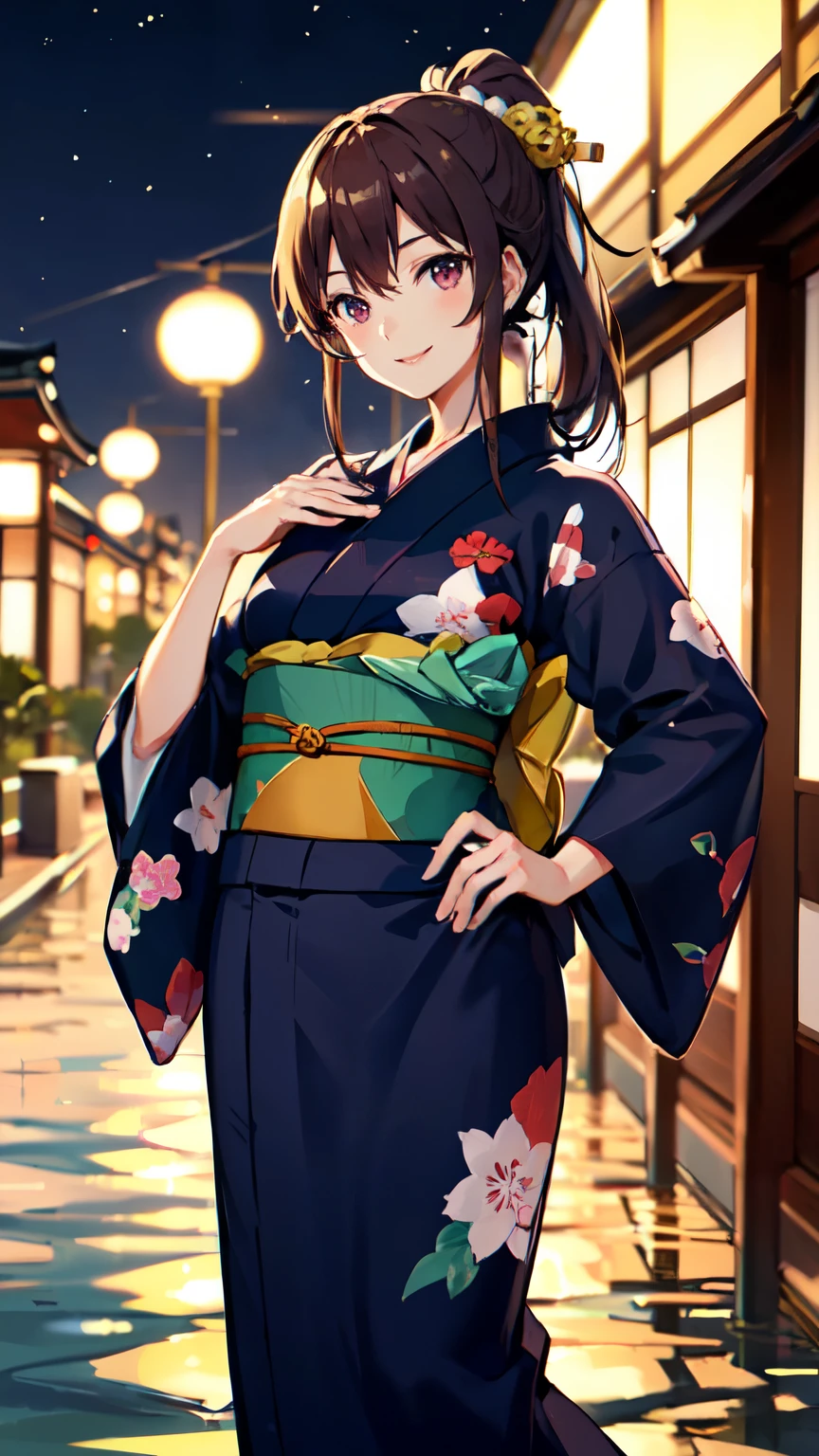 masterpiece, high quality, aaerina, sleek ponytail, ((Japanese yukata)), yukata collar, obi sash, ornate patterns, traditional fastenings, radiant smile, poised stance, hand on hip, outdoor, night view, river, ((smile)), (((highly exposed)))