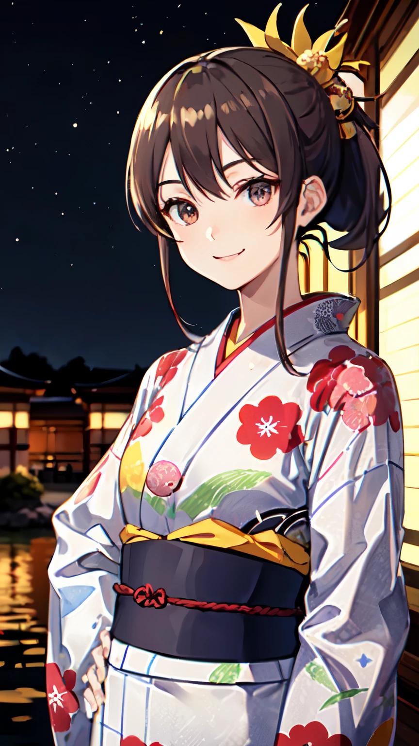 masterpiece, high quality, aaerina, sleek ponytail, ((Japanese yukata)), yukata collar, obi sash, ornate patterns, traditional fastenings, radiant smile, poised stance, hand on hip, outdoor, night view, river, ((smile)), (((highly exposed))), ((close-up))
