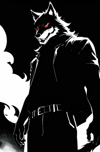 Wolf, style of Yoji Shinkawa, black and white, print, super detailed