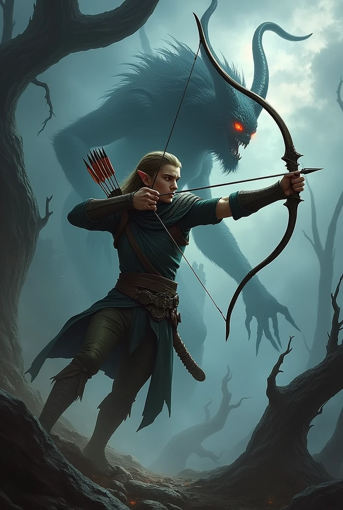 Man elf shooting the arrow defeat the demon