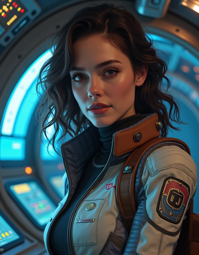 Officer monitoring vital systems on the control panel, ensuring flawless spaceship function, Hyperdimensional fabric jumpsuits, Lady, Tall, Narrow Hips, Round Face, Tan Skin, Dark Brown Hair, purple Eyes, Straight Nose, Thin Lips, Round Chin, Shoulder-Length Hair, Straight Hair, Bouncy Curls, firm breasts, Threader earrings, terracotta gloss lipstick, <lora:epiNoiseoffset_v2Pynoise:2>