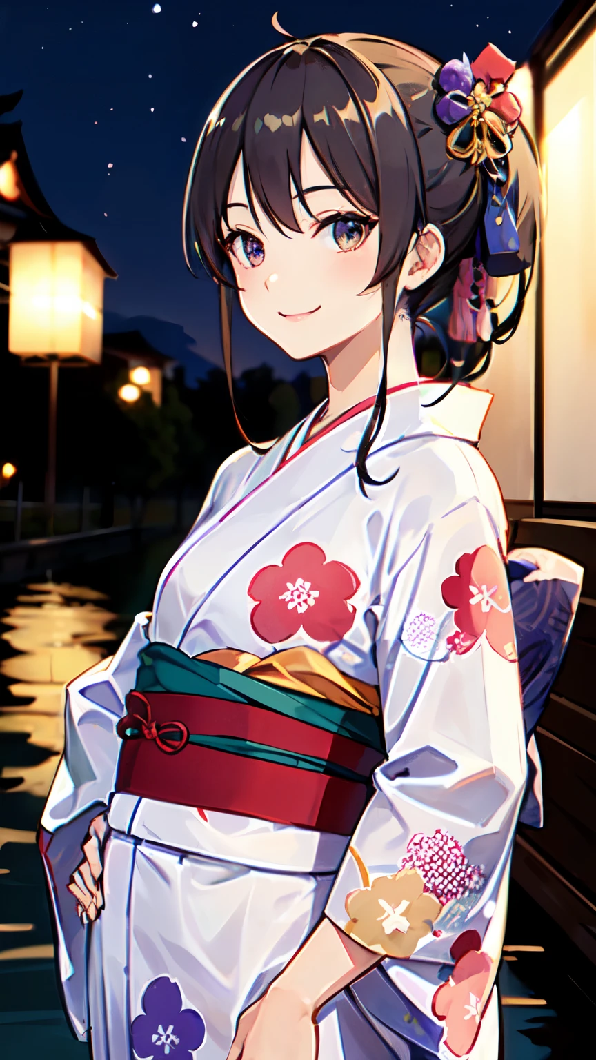 masterpiece, high quality, aaerina, sleek ponytail, ((Japanese yukata)), yukata collar, obi sash, ornate patterns, traditional fastenings, radiant smile, poised stance, hand on hip, outdoor, night view, river, ((smile)), (((highly exposed))), ((close-up))
