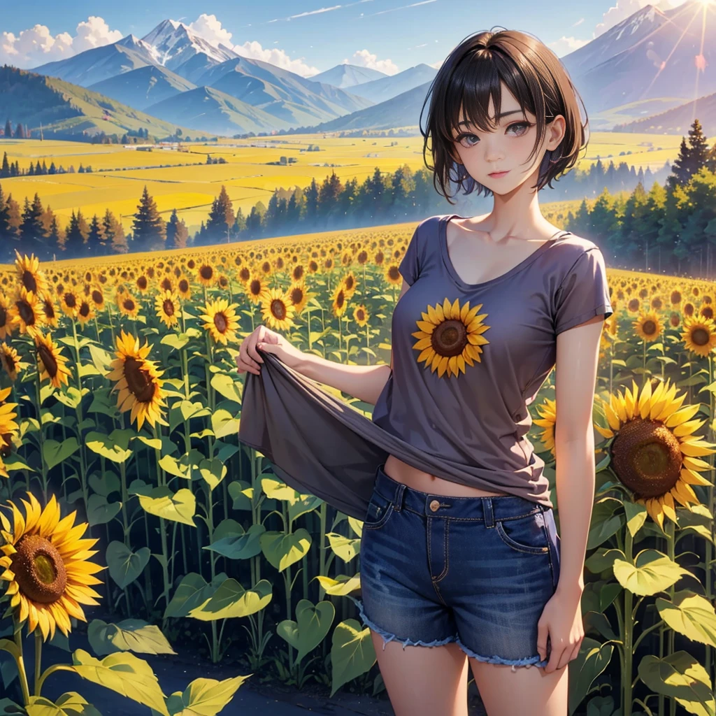 ( view from below , sit in sunflower field :1.3),( bright sunshine on chest :1.2), pale soft skin , pale soft skin , skin pore ,
1girl wear midriff tanktop and gym _ shorts ,( sexy fit body , big natural breast :1.2),( cute ),( abs :0.8), fluffy short hair , realistic eye and face details , splash detailed , surreal dramatic lighting shadow ,( lofi , analog ), kodak film by Brandon Woelfel Ryan McGinley , warm light , dynamic light , vivid color ,4k8k hd real photo ,
--auto --s2