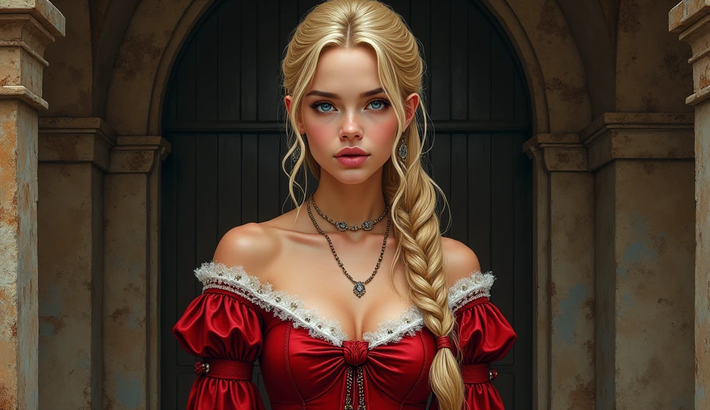score_9, score_8_up, score_7_up, score_6_up, 1girl, breasts, rating:safe, necklace, cleavage, solo, jewelry, long_hair, blonde_hair, upper_body, blue_eyes, large_breasts, looking_at_viewer, lips, eyelashes, pendant, dress, makeup, medieval, dress