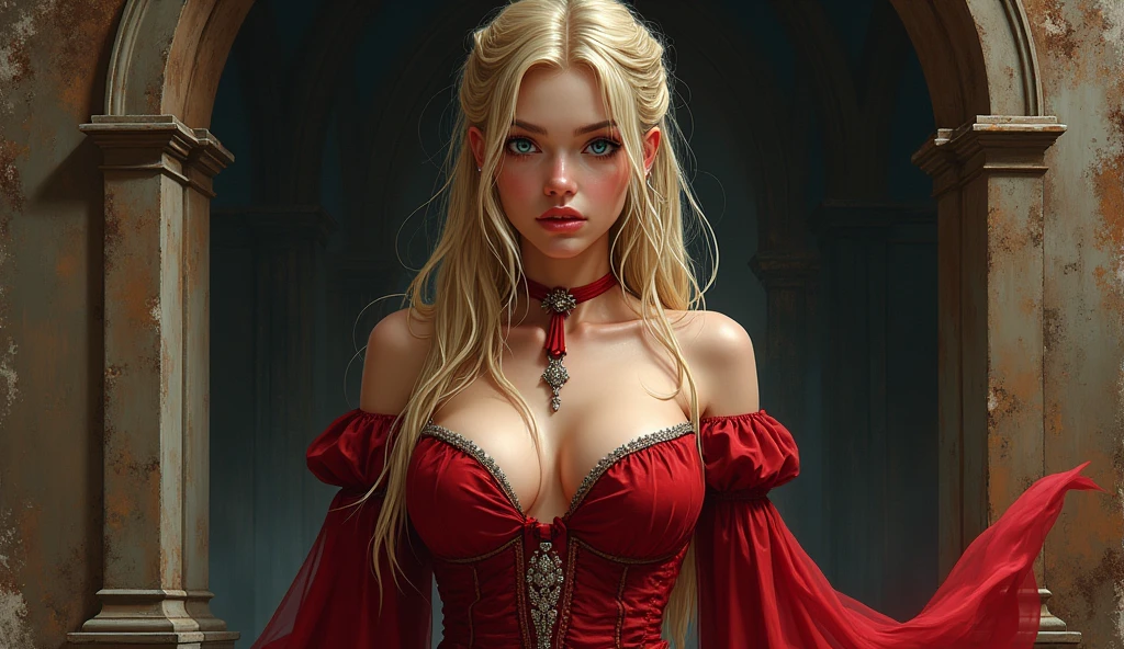 A sexy vampire in short red clothes, staring at the viewer, full body, flowing blonde hair, menacing gaze and gleaming vampire fangs, blood staining her pale face, big, sharp nails ready to pounce, in a dark alley of a city at night, with intensely mesmerizing red eyes