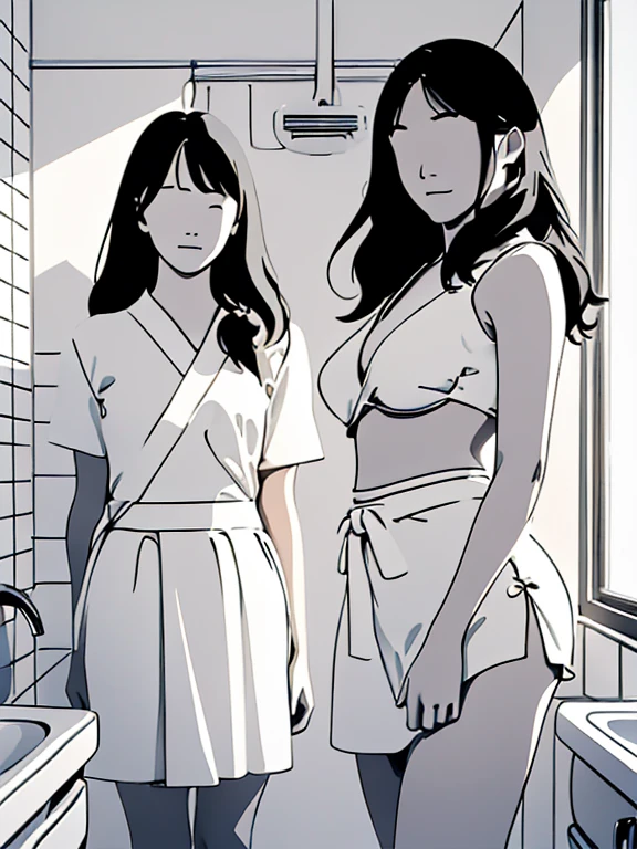 Minimalist images, minimalist art, minimalism, minimalist art that achieves more with less, (two women posing in underwear in a bathroom, drawn with simple lines two girls, cute girls, two Japanese schoolgirls, small breasts, boobs), beautiful girls, small breasts, beautiful Japanese girls, ((drawn with simple lines, revolution of simplicity, beauty of simplicity, elimination of decorative and descriptive content as much as possible, painting using simple shapes and colors))