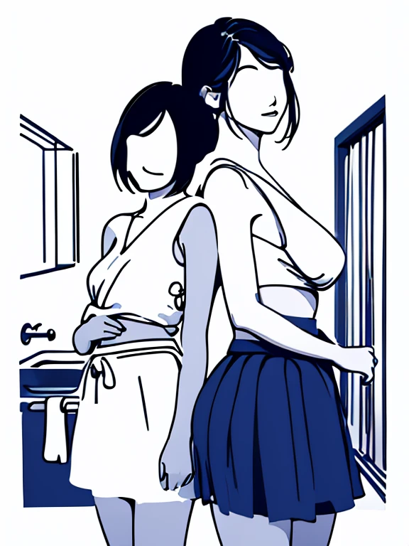 Minimalist images, minimalist art, minimalism, minimalist art that achieves more with less, (two women posing in underwear in a bathroom, drawn with simple lines two girls, cute girls, two Japanese girls, small breasts, boobs), beautiful girls, small breasts, beautiful Japanese girls, ((drawn with simple lines, revolution of simplicity, beauty of simplicity, elimination of decorative and descriptive content as much as possible, painting using simple shapes and colors))