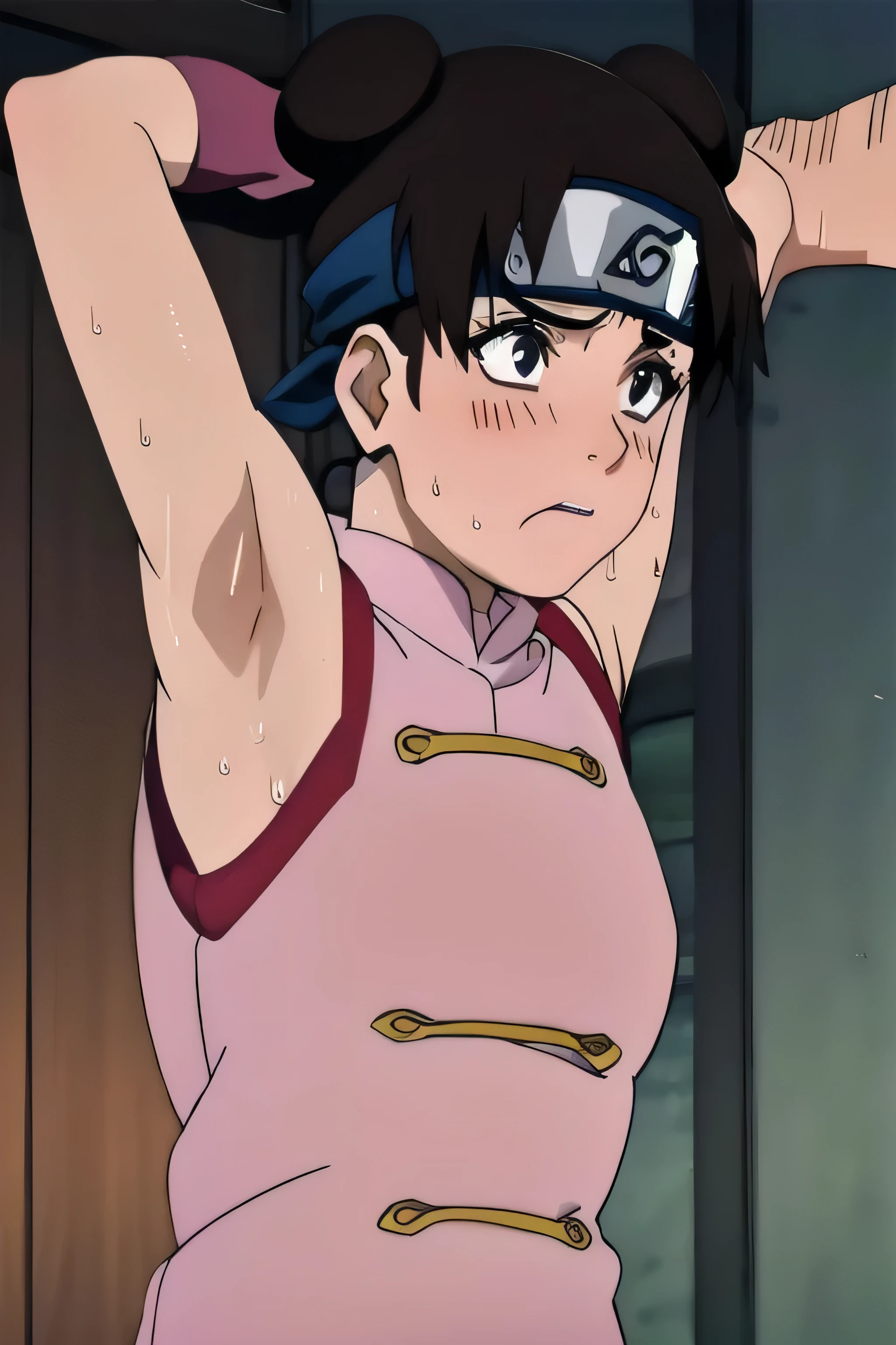 Tenten,solo,armpits,wet armpits, showing wet armpits, armpit,armpits,sweat,sweaty,sweaty armpits,awesome armpits,tired,exhausted,arms up,arm warmers,sleeveless, moderately sized breasts