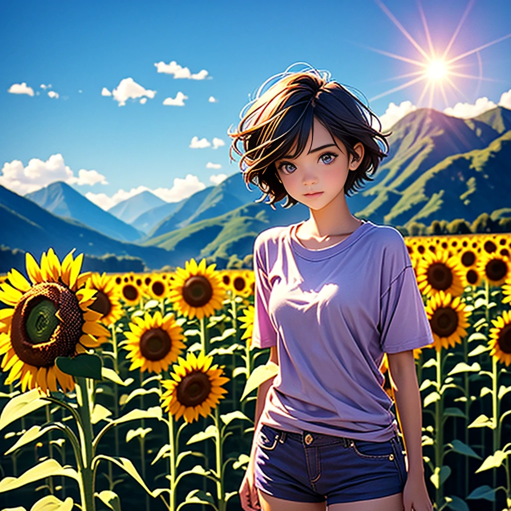 A beautiful  girl with short hair, purple eyes, wearing a thin light brown T-shirt and shorts, standing in the middle. Behind her is a field of sunflowers, mountains, and a beautiful sun.