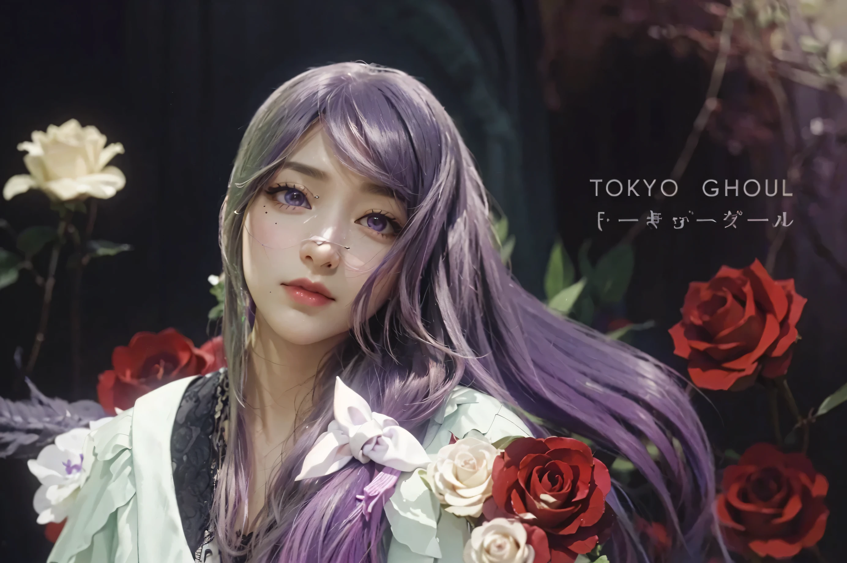 (RIZE KAMISHIRO_TOKYO GHOUL),((realistic, photorealistic)),(highlight hair)), Light reflection, (( HD )),((upper body)), (((best quality, masterpiece))), (masterpiece) (best quality) (detail) (8k) (HDR) (wallpaper) (cinematic lighting) (sharp focuasterpiece, best quality: 1.1), Real life adaption of this character, Asian teen beauty face, Shining Purple eyes, realistic outfit, realistic shadow, realistic light, realism, hyper realistic, realistic background,(photorealistic:1.2), ultra realistic 8k cg, masterpiece, ((ultra detailed background, delicate pattern, intricate detail, highly detailed, fine details best quality, hyperdetailed face)), (photorealistic:1.4),tg_rize,1girl,solo,(detailed eyes and face:1.2),(purple eyes:1.1),Black background, red roses, white roses,Purple loose hair, flying hair,