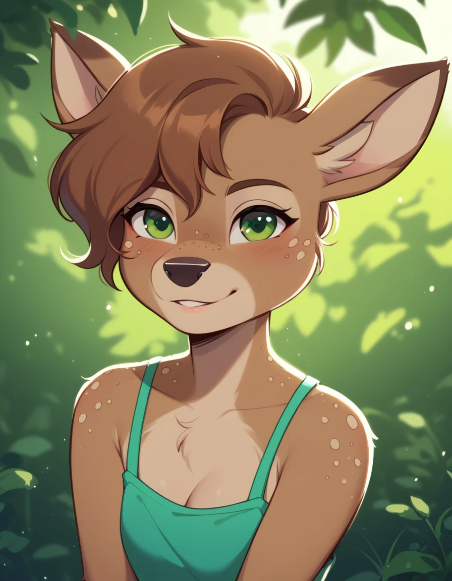 lotte, deer girl, furry female, body fur, animal nose, snout, animal ears, green eyes, brown hair, short hair, freckles,,