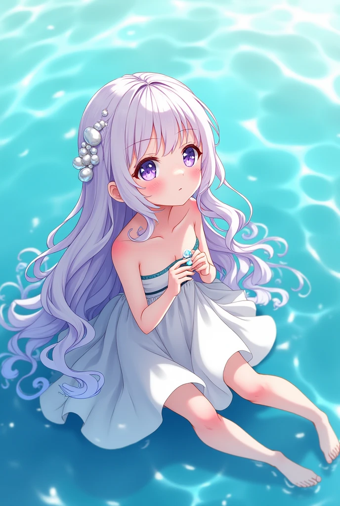 masterpiece, best quality, 1girl, solo, long_hair, looking_at_viewer, ((sky blue hair)), curly hair, double bun hair, ((purple eyes)), smile, closed mouth, dress, (((White dress))), (((no transparent dress))), in the sea, in the water, under the sea, under water, blue and white, bubbles, jellyfishes, dutch angle, bright, clear, (((flat breasts))), (((small breasts))), no reflect, elementary school student, 8k, super detail, masterpiece, high quality, high resolution, high detail, high face detail, HD quality