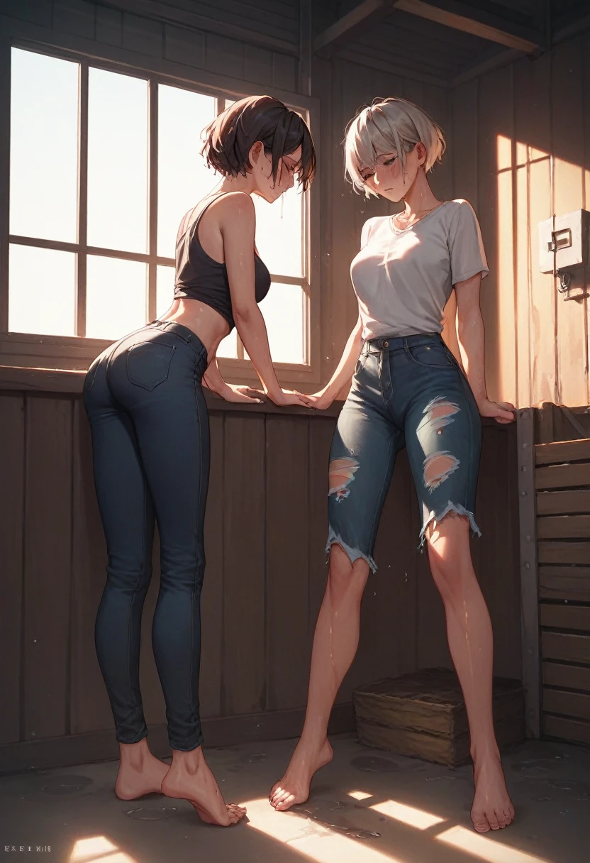  Elie, 2 woman, 2 girls, black jeans, inside abandoned warehouse, full body, skinny, short hair, face details, low key lighting,         fingering vagina, torn clothes, dripping wet vagina, barefoot