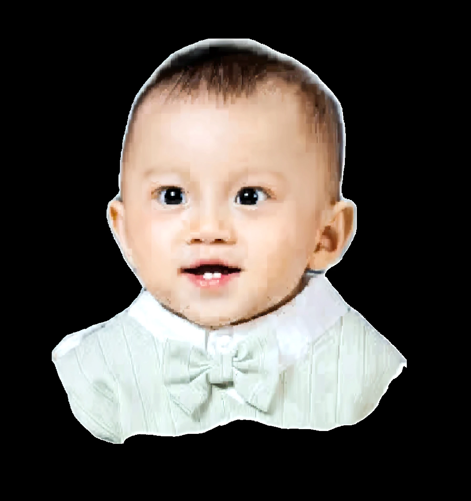There is baby girl in a white dress, light brown eyes, 2 teeth only, there is a shadow of the photograph on the wall, raw photo, incredible photography, best quality, 8K, high quality, Ultra detailed, (best quality), (skin highly detailed, full sharpness: 1.2), 8k uhd, dslr, face detailed, baby face