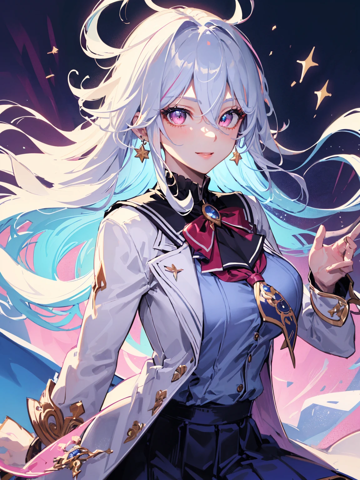 1girl, blue eyes sparkling, albino, beautiful smile,use blue jacket Red and purple patterned