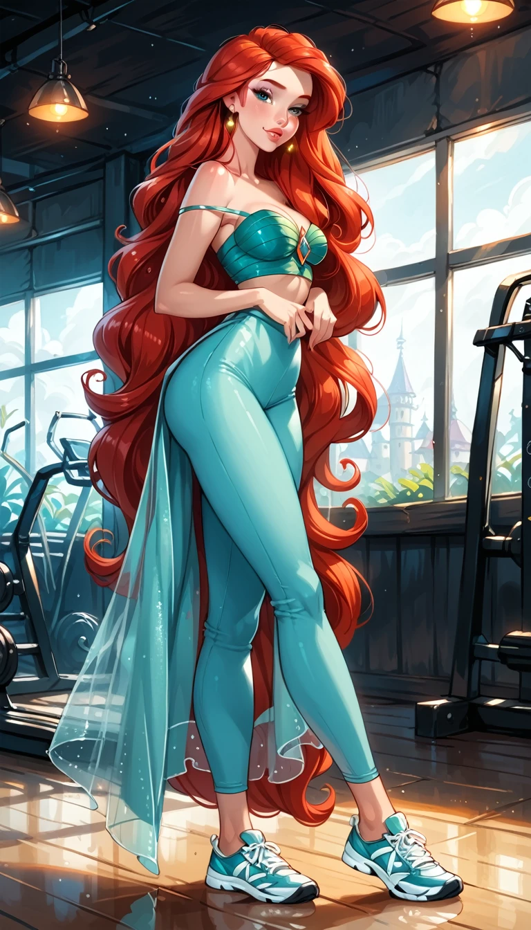 Dark Fantasy Art of score_9, score_8_up, score_7_up, rating_questionable, fantasy, lighting, epiCPhoto, 1girl, very sexy (Disney's Ariel, ar_el, fair skin, red hair, long flowing hair:1.2), beautiful waifu, yogapants, teal yoga pants, standing in gym, long legs, sneakers, round butt, thicc, (legs crossed:1.3), solo, cute, flirt, gaze, sexy look, half-closed eyes, head tilt, filled lips, thick lips, makeup, modelling shoot, sexy pose, dark, moody, dark fantasy style.