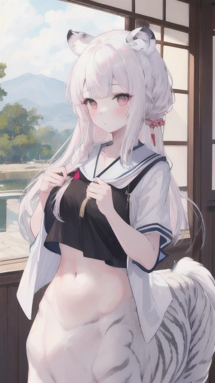 (best quality, masterpiece), 1 girl, centaur, I beg, White skin, Japanese schoolgirl,daughter,black pink, exposing the abdomen, belly button t-shirt , 아름다운 소녀 perfect white tiger photo, perfect white tiger photo