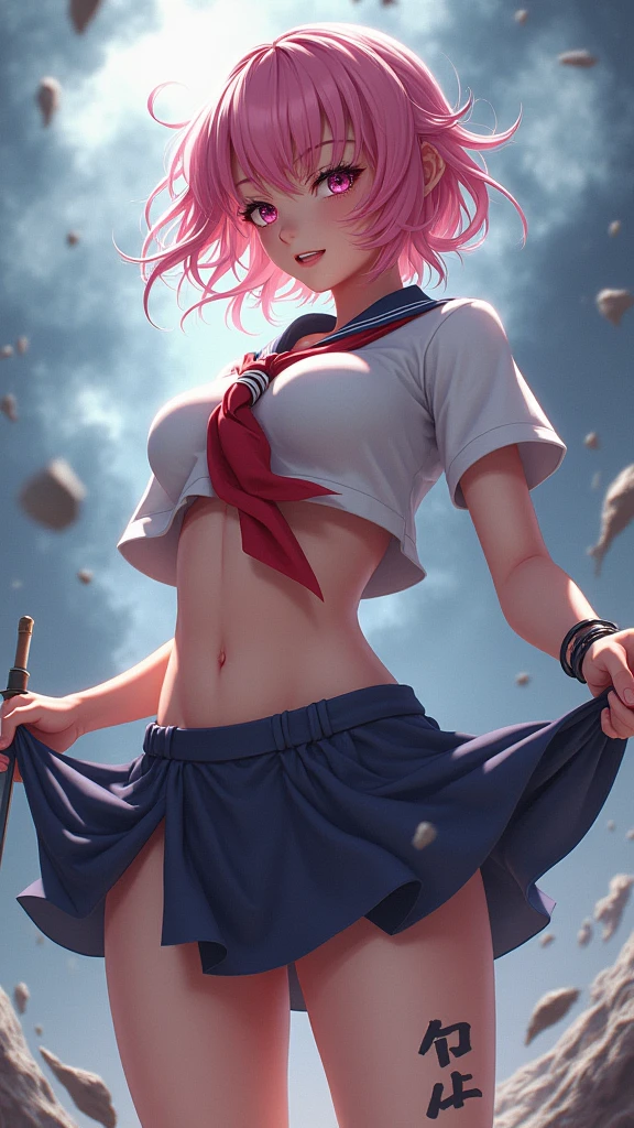 Pig girl, furry, pulling skirt up to expose pussy, glossy lips, earrings, white pleated skirt, transparent crop top, underboob, belly button,  black thigh-highs, black elbow gloves, evil smile, looking down on viewer, sitting down ,legs spread, upskirt, night sky background