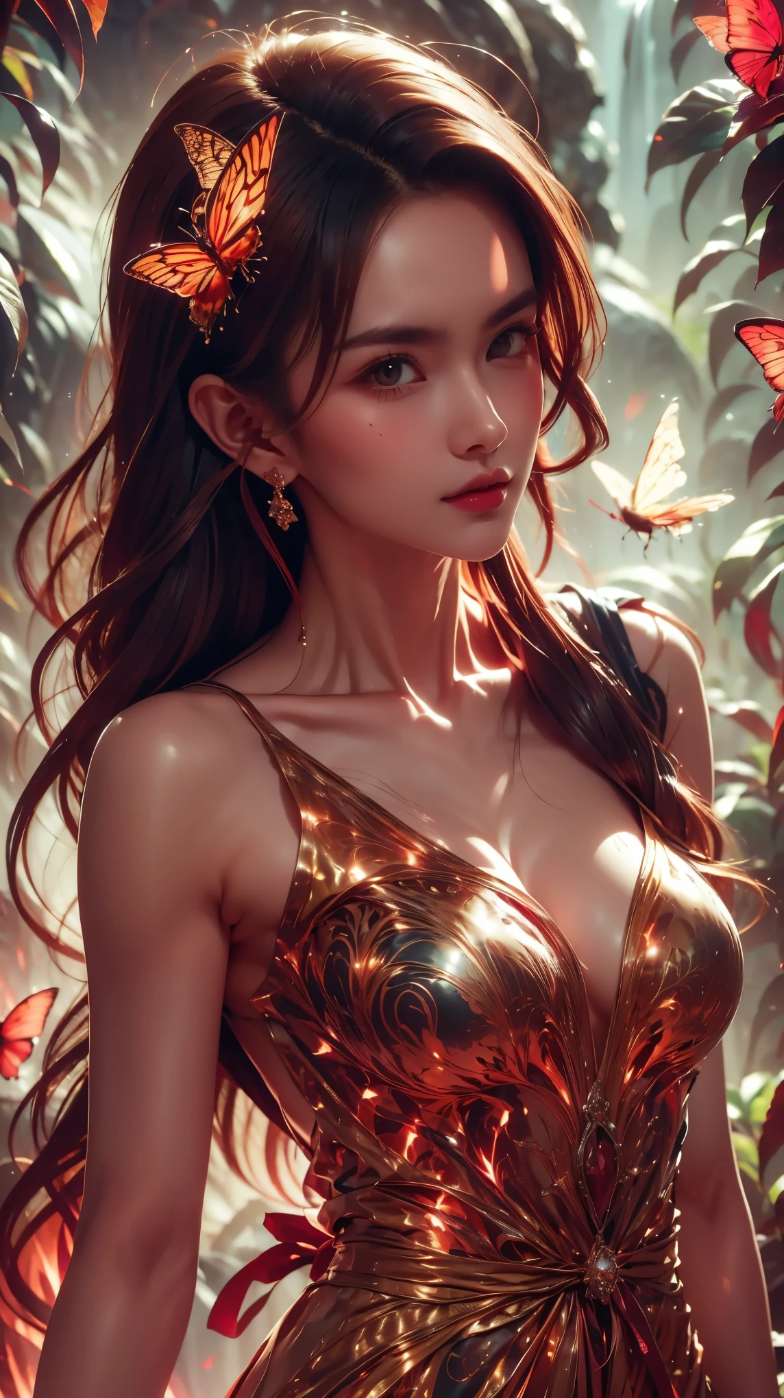 A masterpiece that captures the essence of nature, with a beautiful girl adorned in a glowing dress, surrounded by colorful flowers and butterflies.