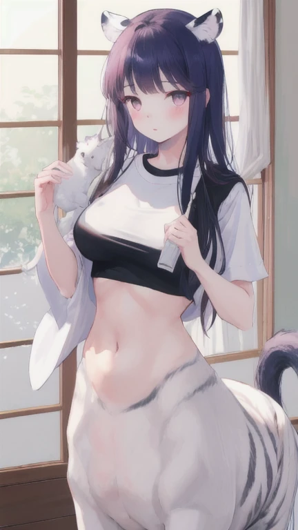 (best quality, masterpiece), 1 girl, centaur, It takes, White skin, Korean ,daughter,black pink,Smiling, exposing the abdomen, belly button t-shirt , 아름다운 소녀 Perfect wild white tiger photo, Perfect wild white tiger photo