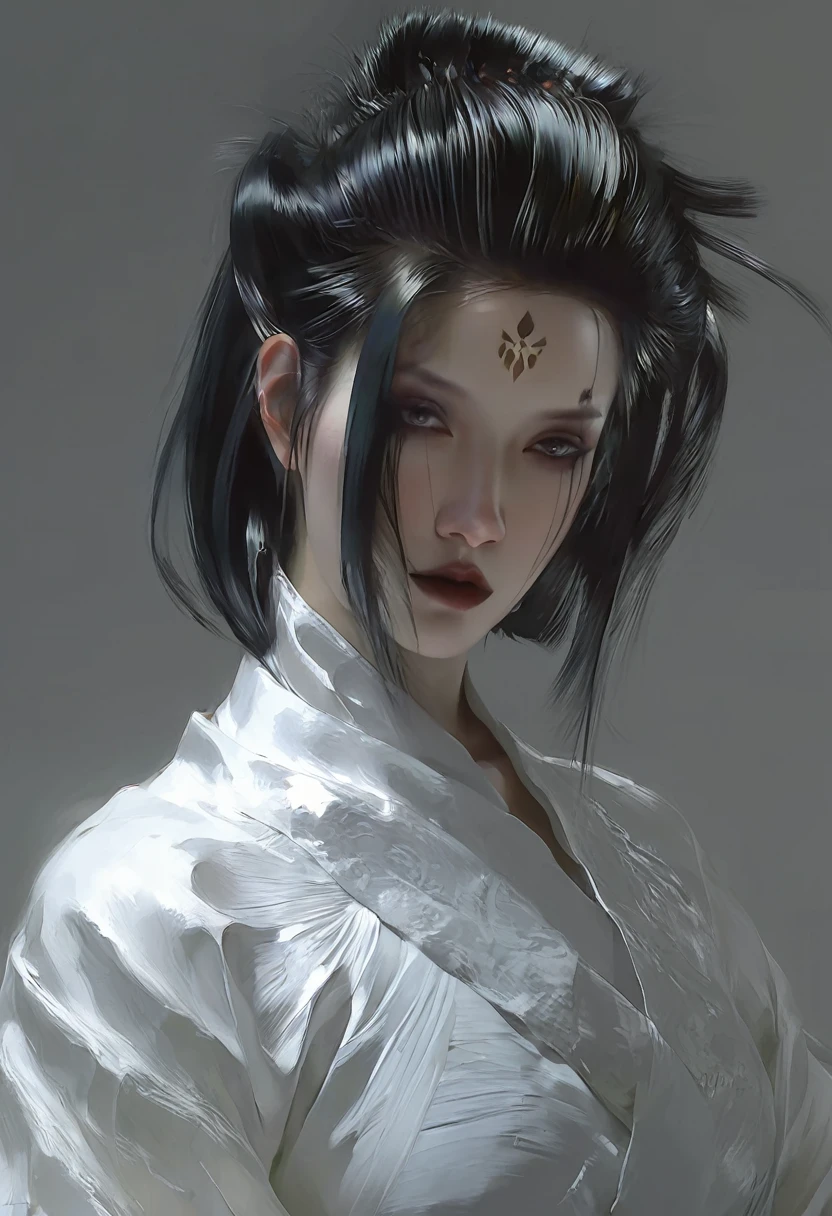 A woman with black hair and white skin, artwork in the style of Gu Weiss, Gu Weiss, the style of WLOP, ross tran and WLOP, Inspired by WLOP, Eve Ventro, in style of WLOP, WLOP and ross tran, Pan Chengwei on artstation, best on WLOP, WLOP |，A long sword hangs from his waist