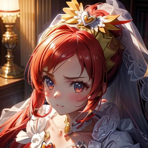 Upper body close-up, Bright Face, Perfect Face, 1 girl, high school student, Small breasts, Pretty Cure, White skin, red髪, Distinctive long hair ponytail, Ribbon hair ornament, White Veil, red瞳, Gold choker, White Wedding Dress, 金のheartの飾り, Original Design, Cure Ace, red, heart, beautiful, Princess, Royal, cute, Sulky look, cool, Tsundere, Looking at the camera, Positive, Front light