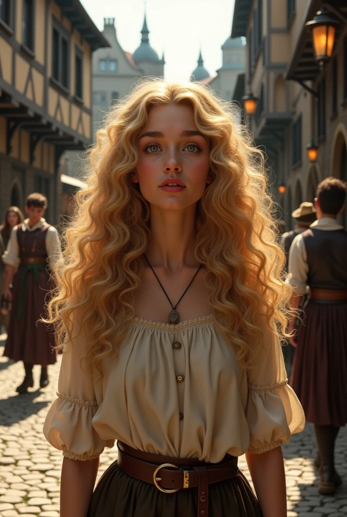 realistic photo of a 17-year-old girl, beautiful face, cute appearance, long wavy blonde hair with bangs, freckles, in an off-shoulder dress, standing in an old church, relaxed expression, brimming with emotion, interplay of contrast along with detailed light and shadow, depth of field, dark atmosphere with candlelight scenario,