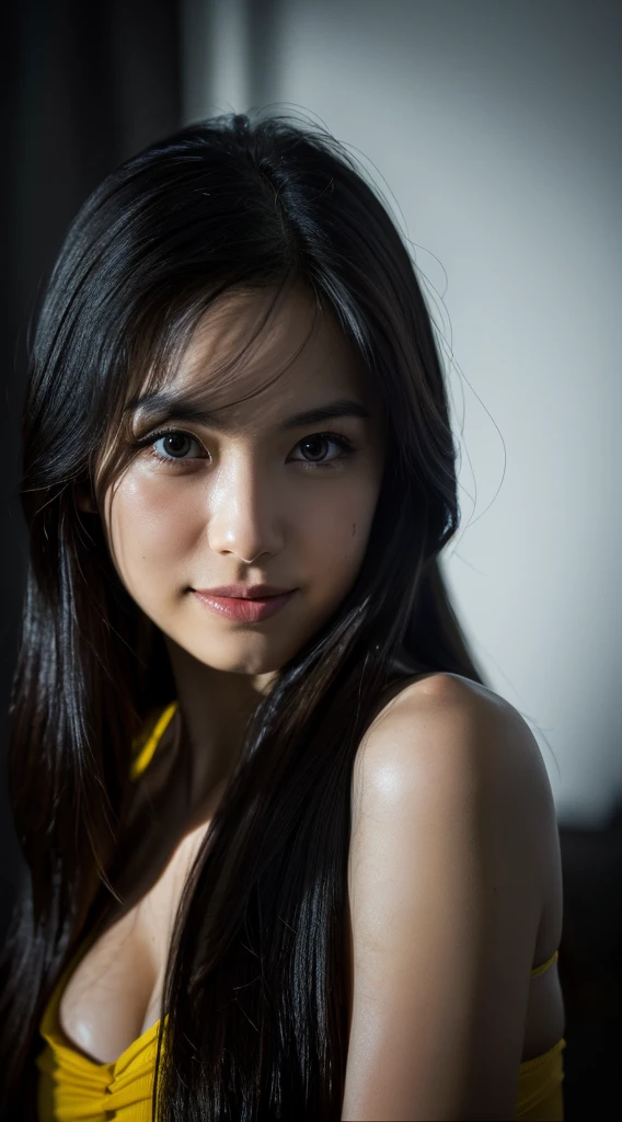 highest quality, epic realistic, ((in the pitch black darkness :1.4)), ((portrait:1.5)),(background: dark ) high contrast ,glorious picture, lowest lux, lighting face, she's comfortable, wearing white lingerie, looks incredible, (8k, Raw photo, Highest quality),(epic realistic:1.5), a woman, face,(detailed eyes:0.8),(looking at the camera:1.4), (Highest quality), ( high contrast, deep shadows),Intricate details,cinematic,((skin:1.4)), (long dark hair:1.3), long hair, messy ,(Hdr:1.5),Detailed, colors, Superior quality, Masterpiece, Raw Photo (20-year-old, looking at viewer), beautiful, (wearing underwear, bra and panties), perfect, natural, perfect composition, portrait, perfect face, smiling expression, Captivating eyes, Bright details, Tight lips, (High Skin Detail),, (blue tint: 0.6), (sale: 0.8), (bloody: 0.7), Key lighting , (backlight: 0.5), Medium depth of field, Canon 5d, 50mm lens, f/4 apertures, (Ultra-detailed, Complex detail), sharp focus, soft colors, 8k, Absurd, 80mm, dark background, photography, smiling,
