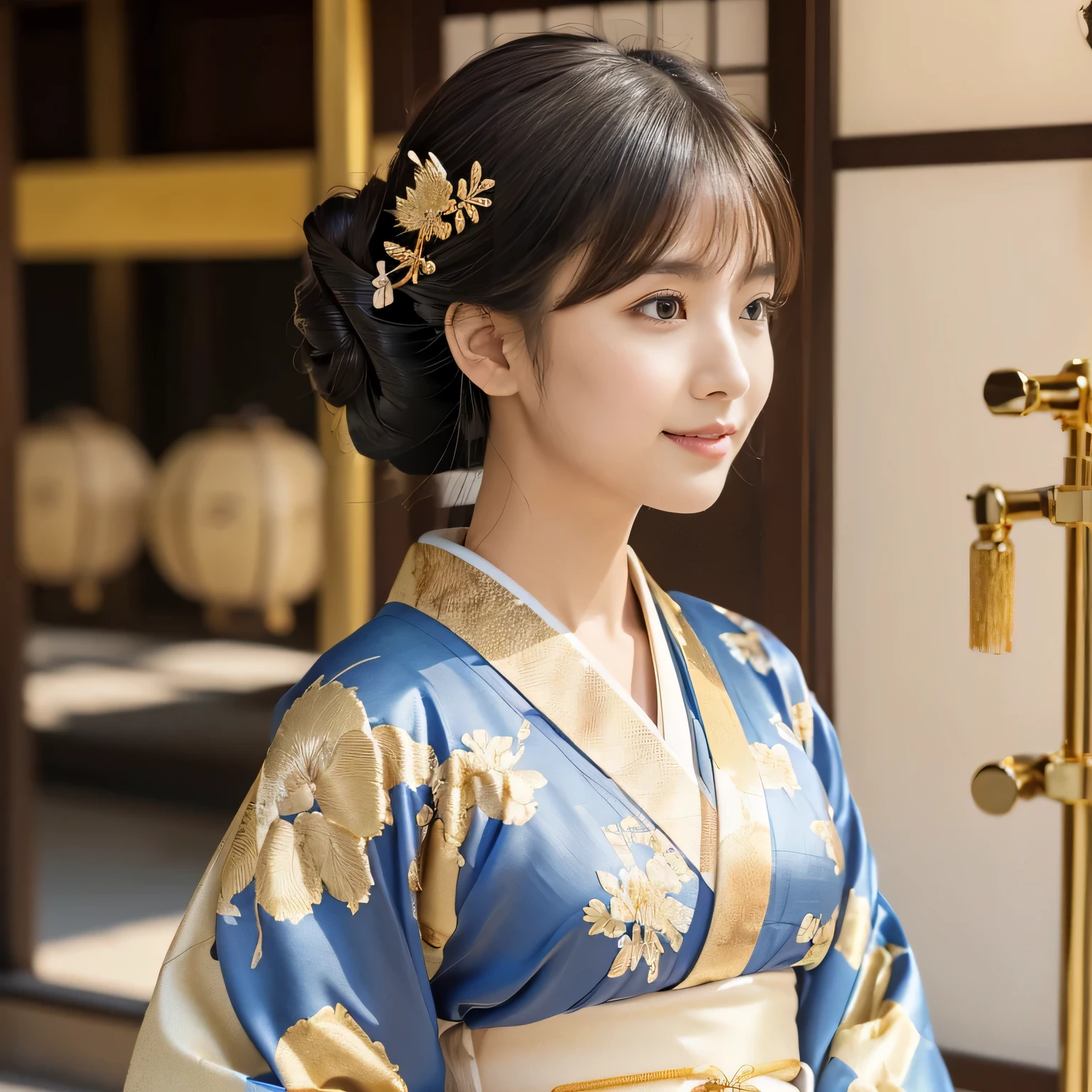 (Calm and gentle expression:1.0), (Full Body Shot:1.3), (Panorama:1.0), Cinema Lighting, ((Best Quality)), (RAW Photos, Best Quality), ( Realistic:1.4), Realism, masterpiece, Very delicate and beautiful, Very detailed, 4k wallpaper, wonderful, finely, Very detailed CG unity 8k wallpaper, Very detailed, High resolution, Soft Light, Japanese, (one shot:1.9), (2:1.6), (Round face:1.2), (Fat:0.8), (A very neat woman, A very pure woman:1.5), Beautiful detailed woman,Famous Japanese actresses, Detailed face, Finely beautiful eyes, Very detailedな目と顔, Beautiful eyes and a beautifully detailed nose, Ultra HD glossy lips, (updo, Straight Hair:1.4), Shiny Hair, Shiny Hair, Brown Hair, (bangs:1.4), Toned body, (Smiling:1.4), Glossy and moisturized lips, Natural Makeup, Hair adorned with an elegant and delicate hairpin, ((Wear a Rinpa kimono with an abundance of glittering gold leaf:1.5)), ((Rinpa kimonos are decorated with colorful embroidery.:1.2)), (Carefully balance light and shadow、Enhance the texture of silk。Realistic expression of the brilliance of gold thread in embroidery:1.3), (An exquisitely crafted Japanese classical Rinpa kimono), ((embroidery, Flowing water pattern, Colorful flowers):1.2), ((Intricately and elegantly decorated kimono)), (Detailed floral pattern:1.4), (High-quality hair accessories:1.3), (Standing elegantly on a street corner in Kyoto:1.2), (With the old streets of Kyoto in the background:1.4),